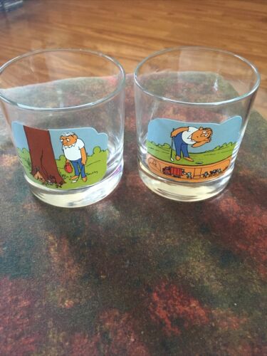 Lot de 2 gobelets en verre à whisky vintage Ashby dessin animé de golf lowball - Photo 1 sur 3