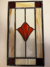 Antique Arts and Crafts Stained Glass Coral Cream Amber Farmhouse 9x16.5 Tulip