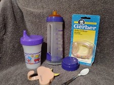 Vintage Playtex Nurser Baby Bottle, Sippy, Liners, Flat Top Latex, Spoon, Rattle