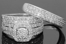 Lab Created 14K White Gold Wedding Diamond Trio Bridal Band Engagement Ring Set