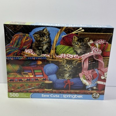 Springbok Sew Cute 500 PC Jigsaw Puzzle Kittens,Yarn,Sewing NEW Sealed Hallmark