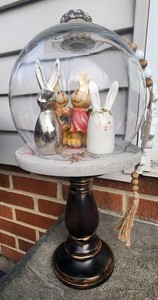 New Upcycled Glass Cloche On Pedestal Base W/ Easter Decor