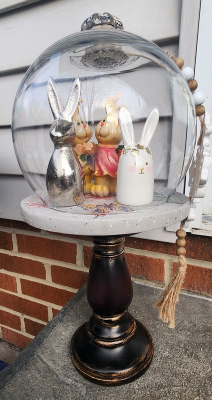 New Upcycled Glass Cloche On Pedestal Base W/ Easter Decor