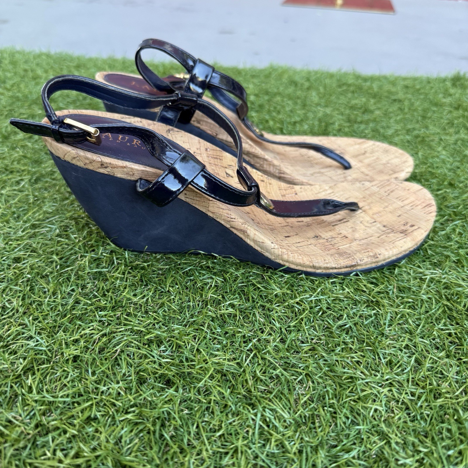 APL Lauren by Ralph Lauren Reeta sandalo con zeppa donna taglia 10 blu navy pelle sughero