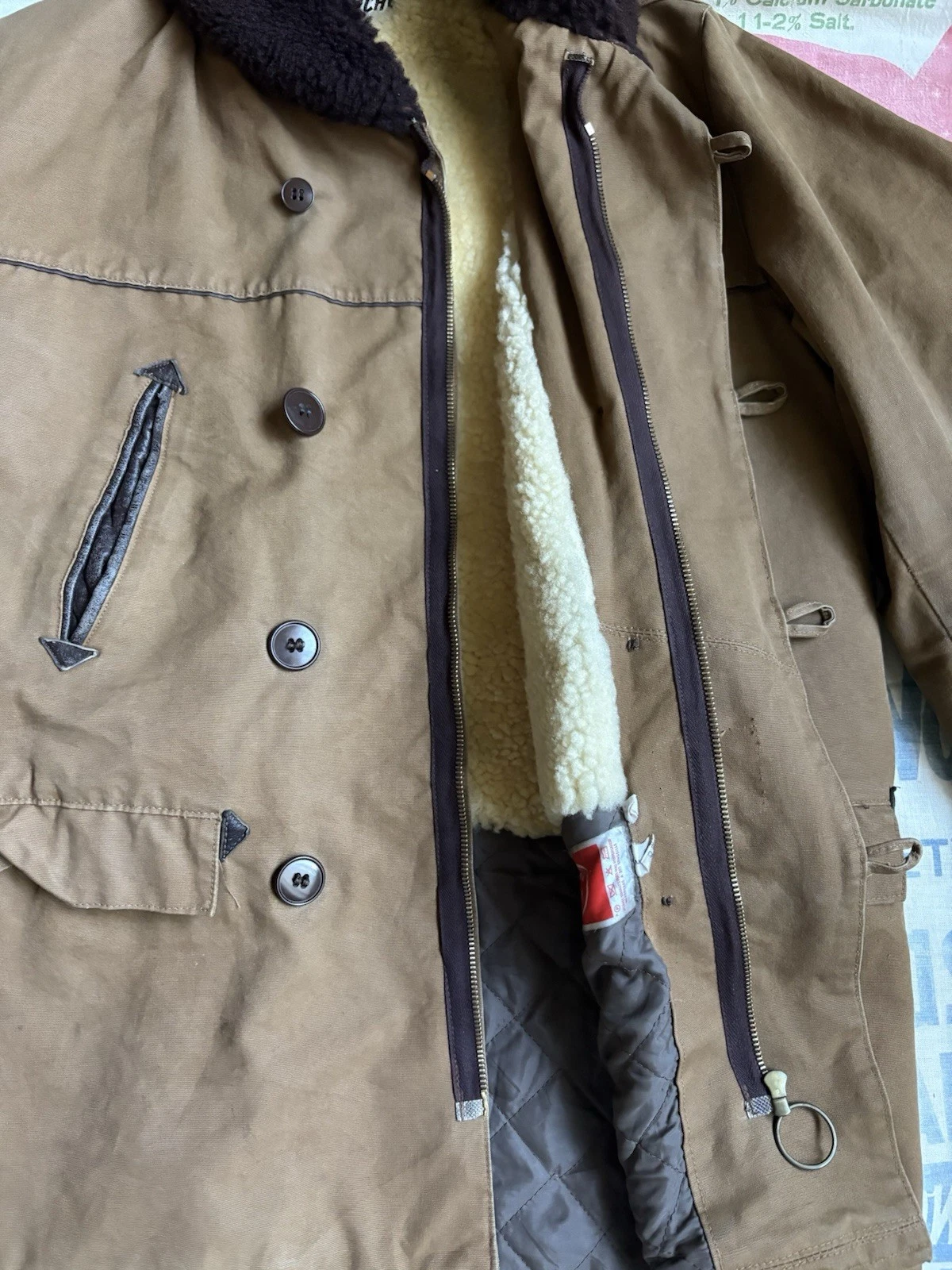 Vintage 60’s French Canadienne Brown Canvas Barnstormer Jacket Medium Shearling image 5