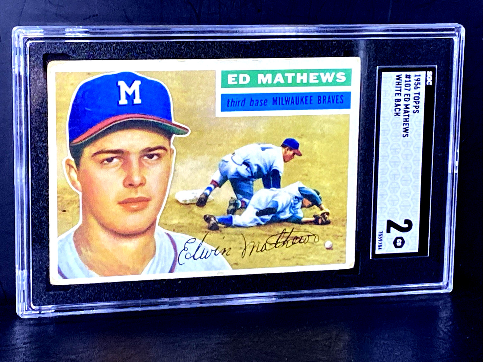 1956 Topps -  HOF Braves Eddie Mathews #107 White Back SGC 2 GOOD "LOOK"