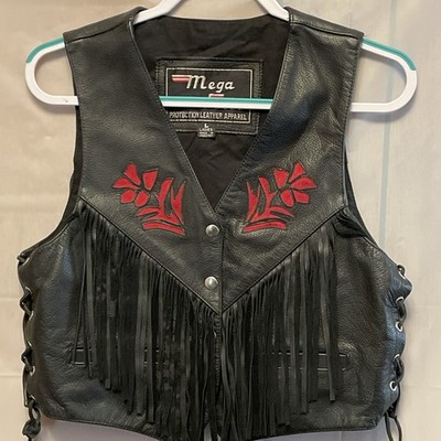 Womens Leather Biker Vest Red Rose Fringe Motorcycle Mega Force L