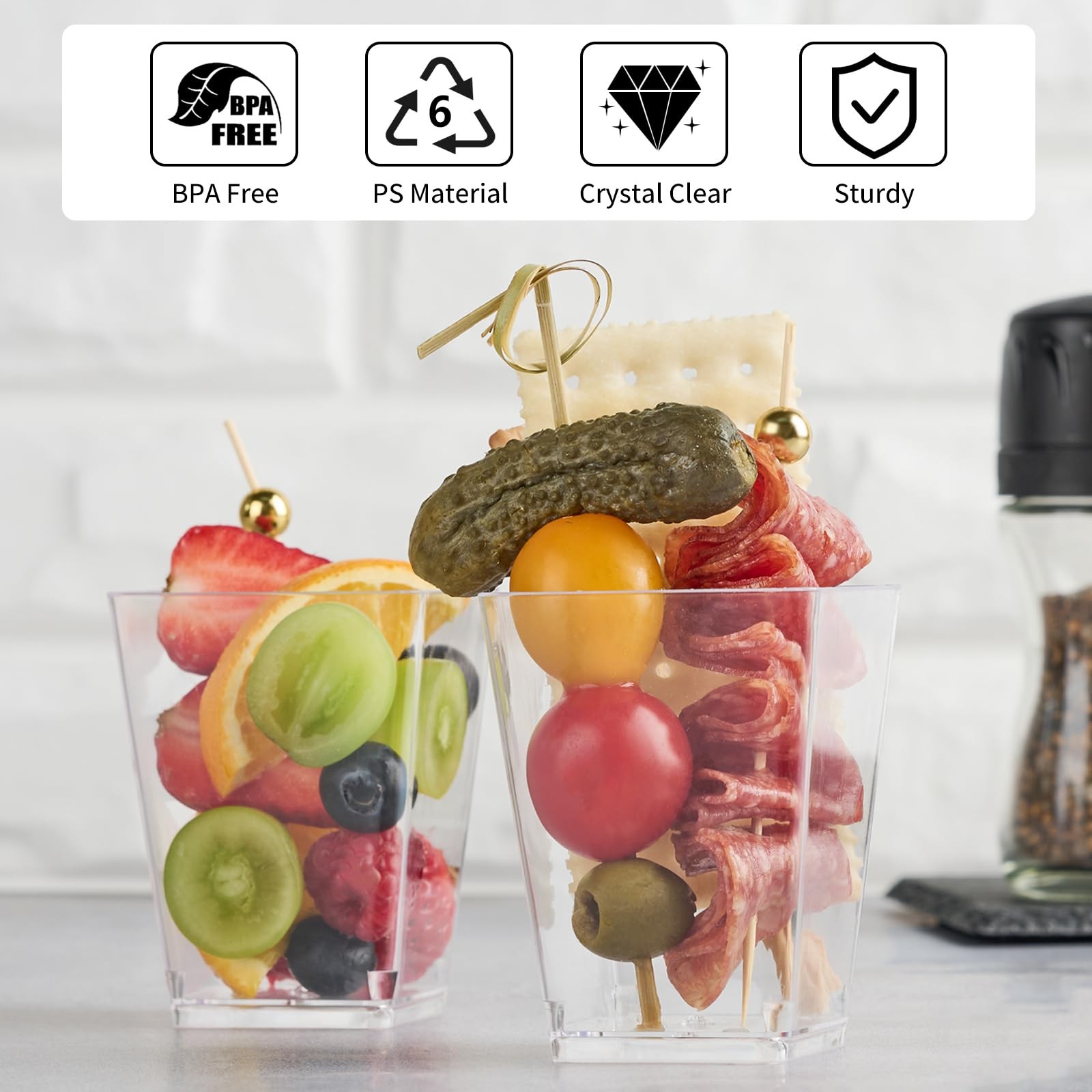 5 oz Plastic Charcuterie Cups 50 Sets with 100 Sticks Square Appetizer Cups