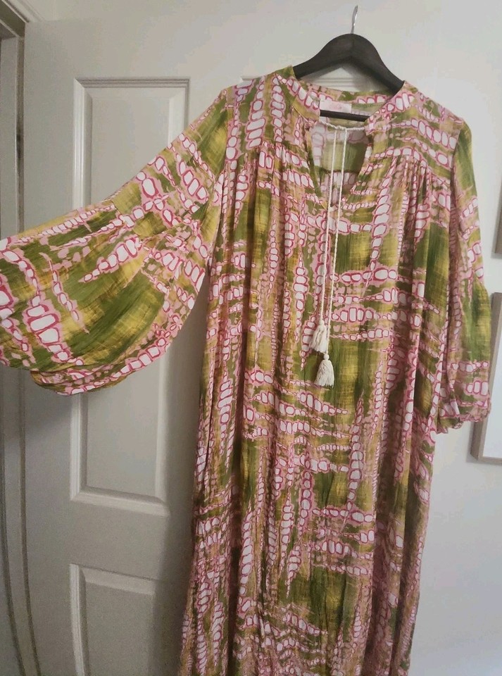 ITALIAN STAR Maxi Dress Pink/ Green Abstract Billow Sleeves Tassels Kaftan 14 16