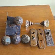 Antique Victorian Deco Salvage Lot of Door Knobs, Plates, Latch, Eastlake, Glass