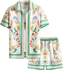 Mens Two Piece Outfit Blue Flower Shirt Shorts Set Summer Resort Vacation Top