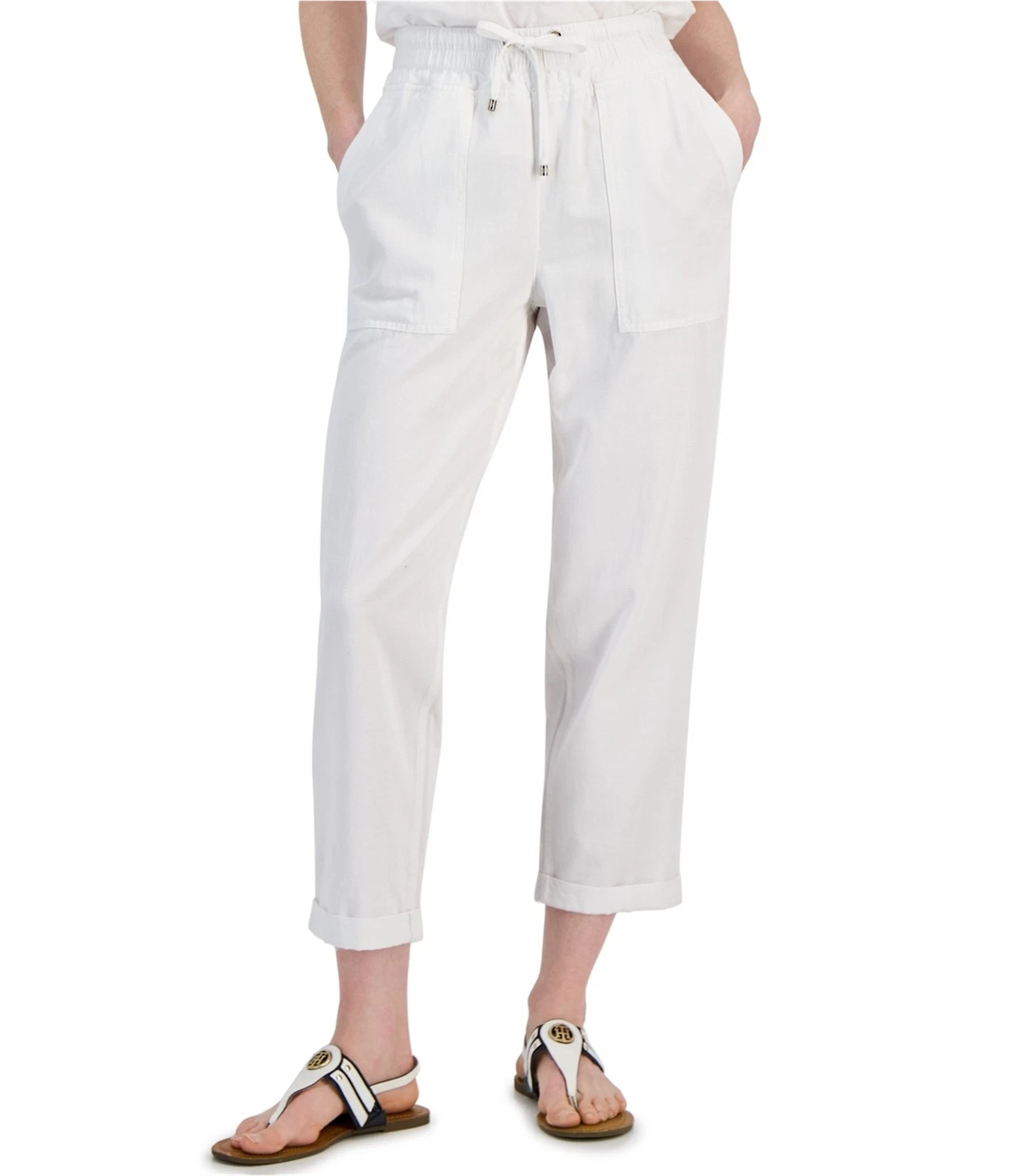 Tommy Hilfiger Womens Twill Tapered Cropped Capri Casual Pants, white, L