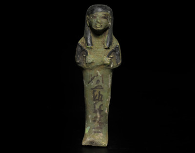 Altägyptische antike Fayence Shabti Statue mit Hieroglyphen Uhabti Figur v. Chr.