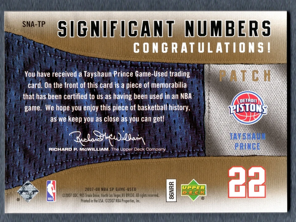 2007-08 Upper Deck SP Tayshaun PrinceSignificant Numbers Patch 11/35 Pistons - Image 2 of 3