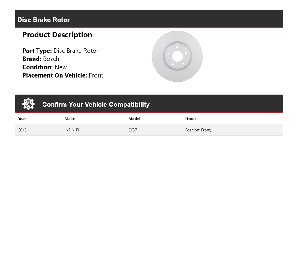 Rotor de freno de disco delantero para Infiniti Ex37 Bosch QuietCast 2013 Foto 2 de 4