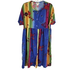Rainbow Floral Button front midi Dress 1X Vtg 80s Colors by Appel artsy festival