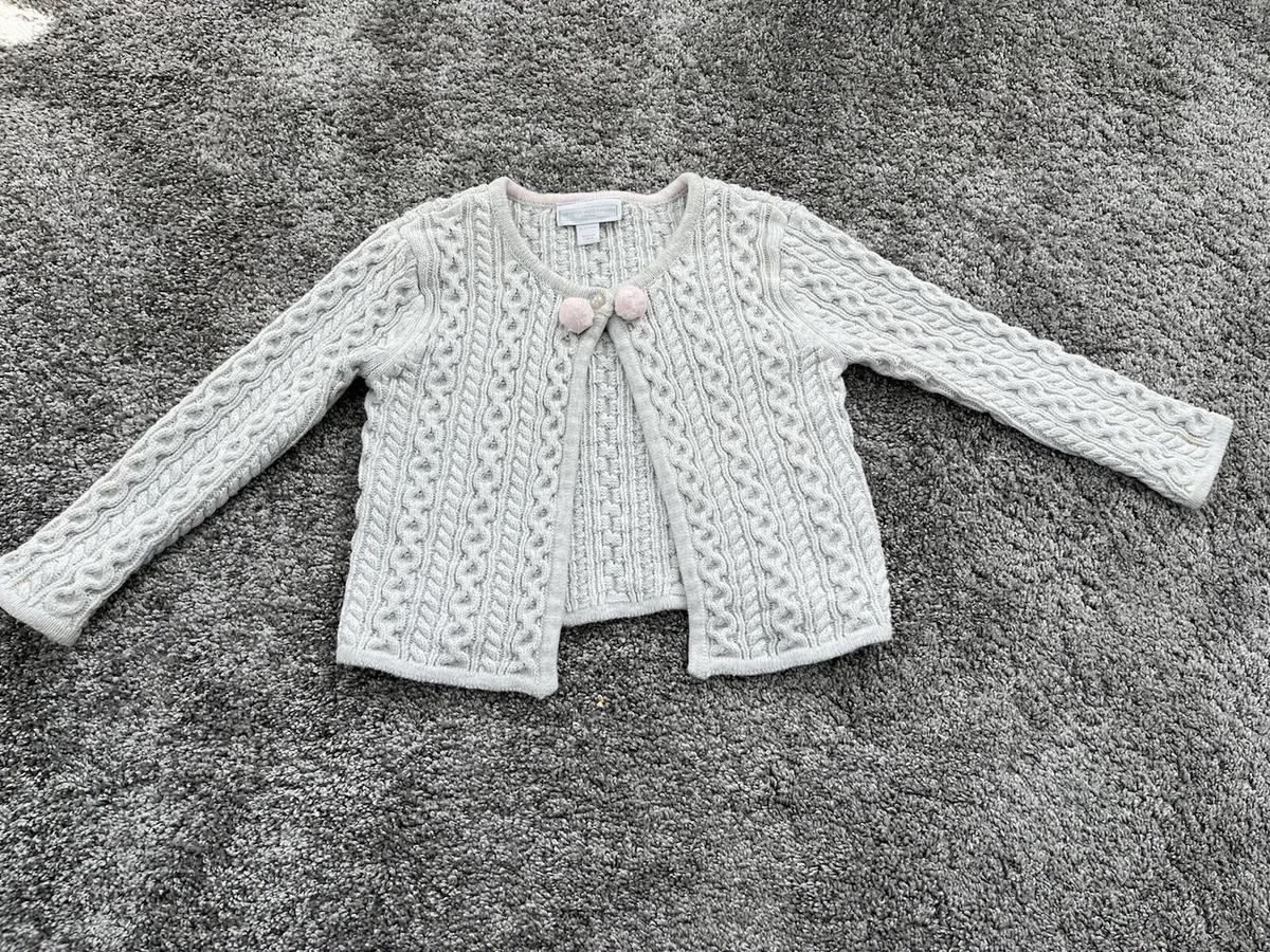 Little White Company Baby Girl toddler cardigan grey cable knit pom pom 18 24mth