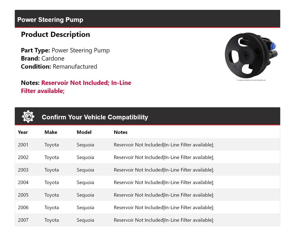 适用于 2001 - 2007 年丰田红杉动力转向泵 Cardone 2002 2003 2004 2005 — 第 2/4 张图片