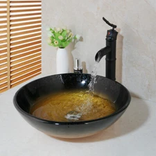 US Black Edge Bathroom Yellow Glass Sink Basin Bowl Mixer Tap Waste Drain Combo