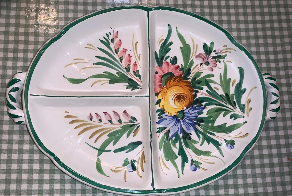 Prato de servir majólica italiano pintado à mão Nove rosa tulipa 14”x9” alças - Imagem 2 de 4