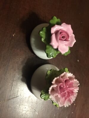 Vintage Denton England Rose Carnation Salt Pepper Shakers Porcelain Flowers...
