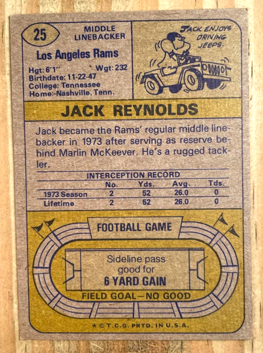 1974 TOPPS JACK HACKSAW REYNOLDS CARD#25 LOS ANGELES RAMS 49ERS