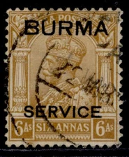 BURMA GVI SG O8, 6a bistre, FINE USED. Cat £24.
