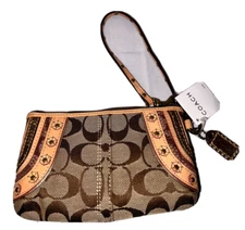 New COACH Khaki SOHO Signature Brown Jacquard Canvas Leather Studded Wristlet