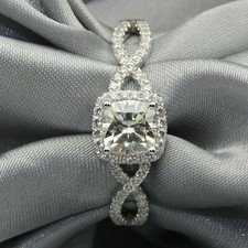 1.5Ct Cushion Cut Moissanite Twisted Shank Engagement Ring 14k White Gold Plated