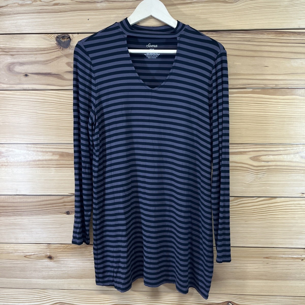 SOMAページ Soma Tunic Shirt Medium Black Gray Stripe Keyhole Long