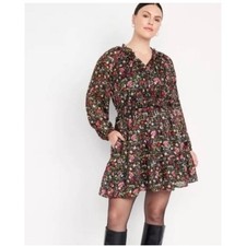 Old Navy Size XLT Smock Waist Black Floral Dress Tiered Hem Shimmery Boho