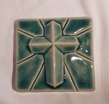Pewabic Pottery Art Tile Detroit Green Celadon Cross Tile 4"x4", Glacier Gloss