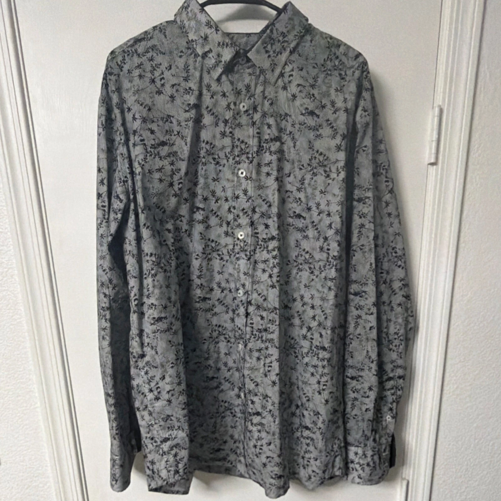 QUIETI Men's XXL Floral Cotton Button-Up Shirt Long Sleeve Gray Black