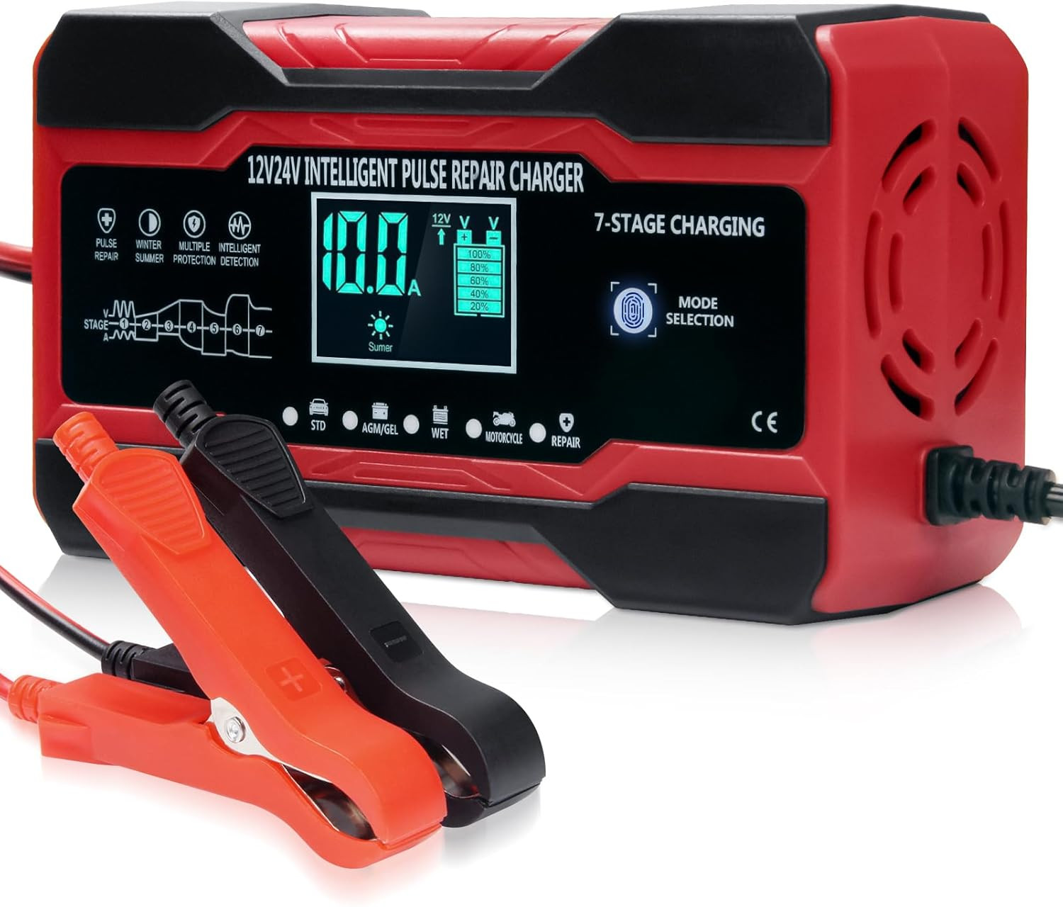 10-Amp Car Battery Charger, 12V/24V Smart Fully Automatic Battery Maintainer Cha