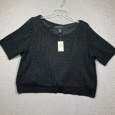 Ashley Stewart Pointelle Knit Top Women 18/20 Black Lined Short Sleeve