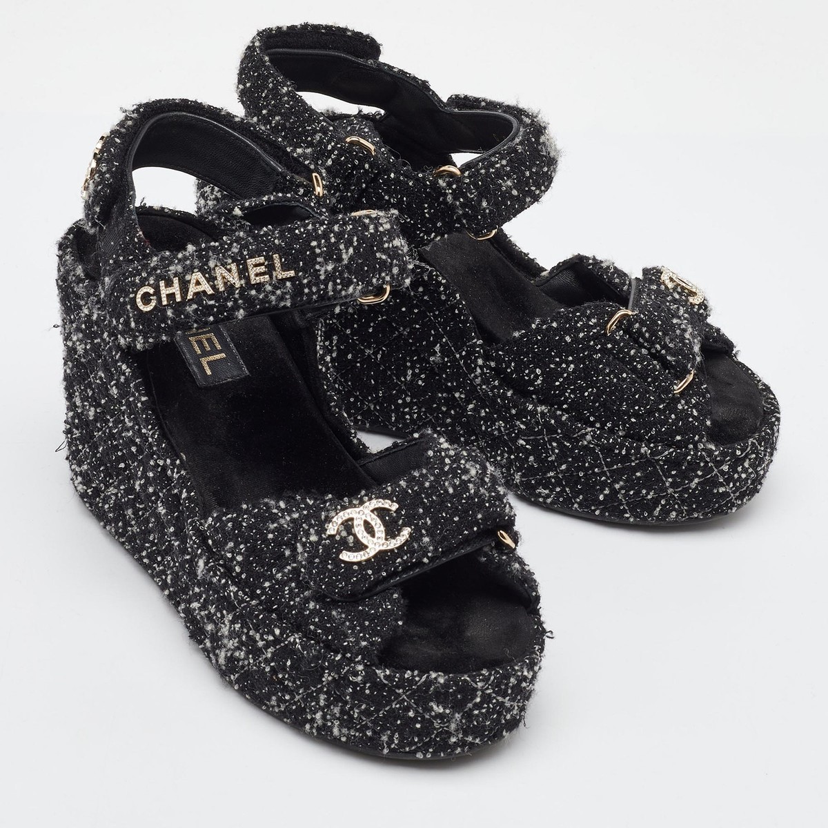 Chanel Black Quilted Tweed CC Platform Wedge Sandals Size 37