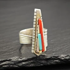 David Tune Inlay Coral Turquoise MOP Sterling Silver Ring  Size 10