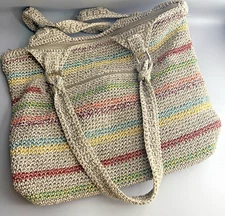 THE SAK - Voyager Crochet Multicolor Stripe Shoulder Tote Bag Purse Front Zipper