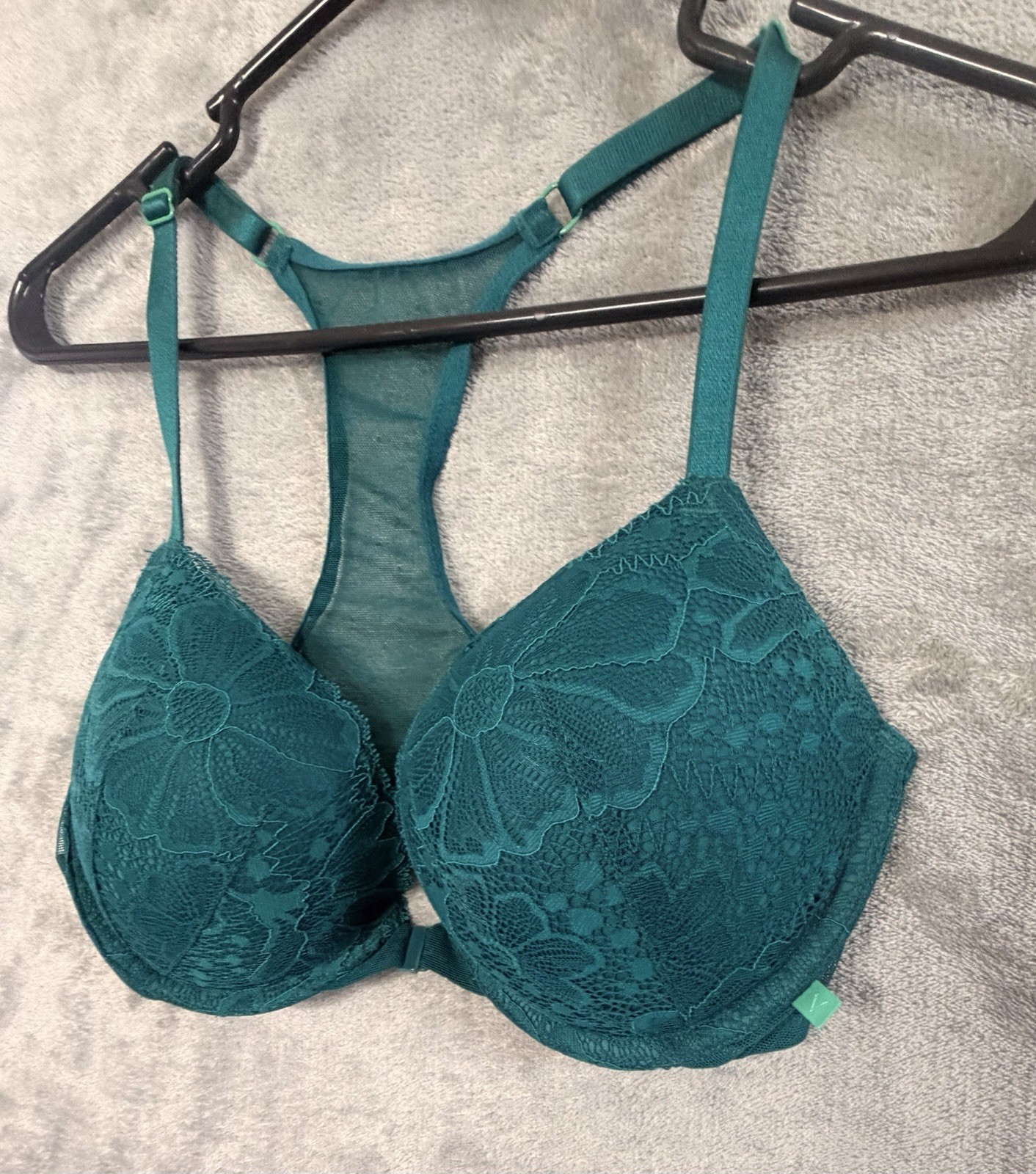 Victoria’s Secret Bra 36C Teal Lace Racerback Push Up Underwire Floral