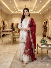 Attractive Look Silk White Top Palazzo With Maroon Dupatta For Wedding