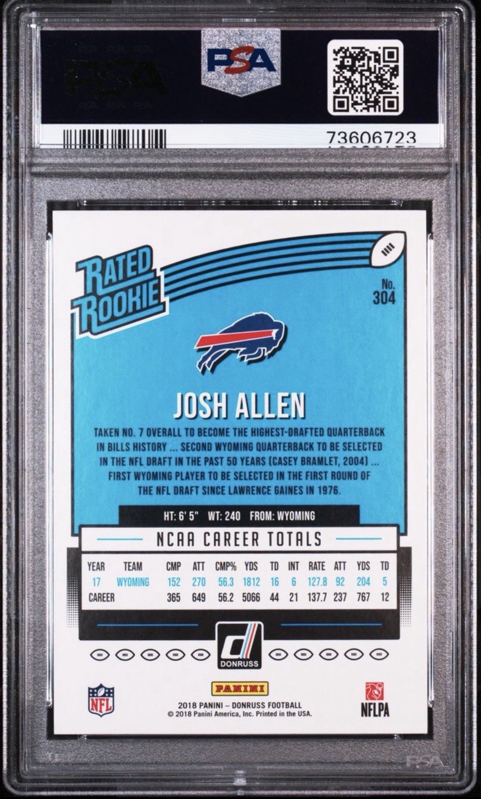 Panini 2018 Donruss Rated Rookie Josh Allen RC #304 Buffalo Bills Base view 2
