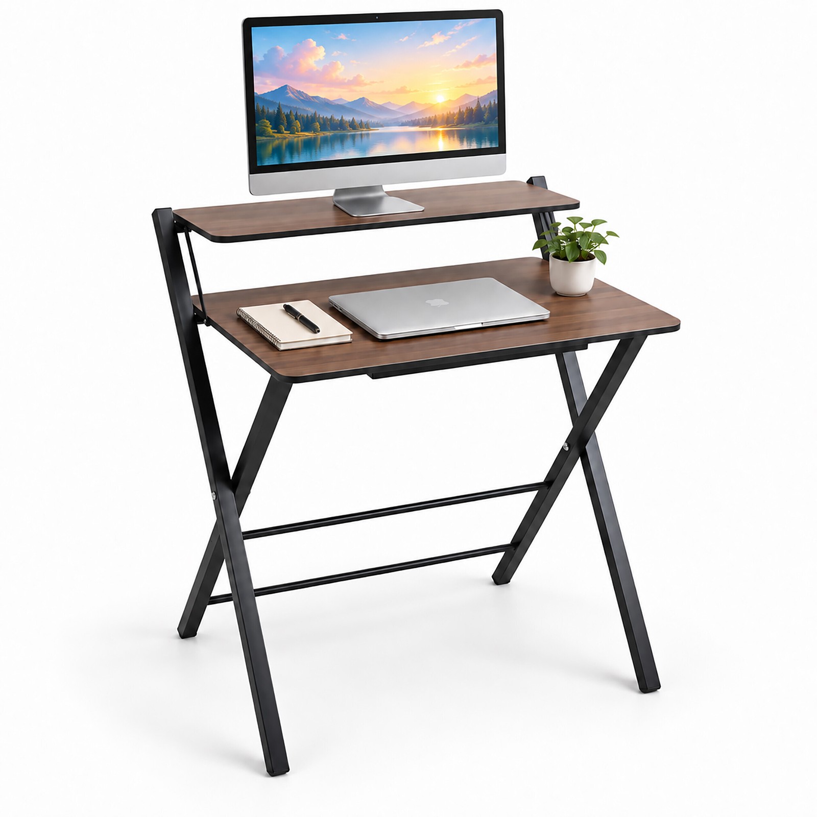 Scrivania da lavoro pieghevole, tavolo PC con rialzo per monitor