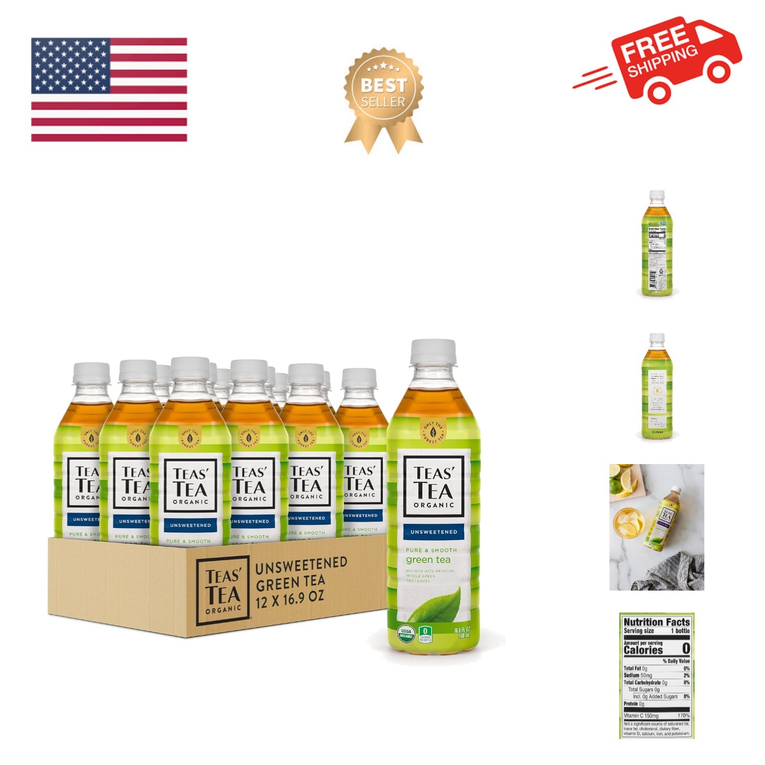 Unsweetened Pure Green Tea, Organic, Sugar Free, 0 Calories,