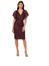 Adrianna Papell SZ 14 NWT Burgundy Beaded Flutter Sleeve Dress Cocktail GATSBY