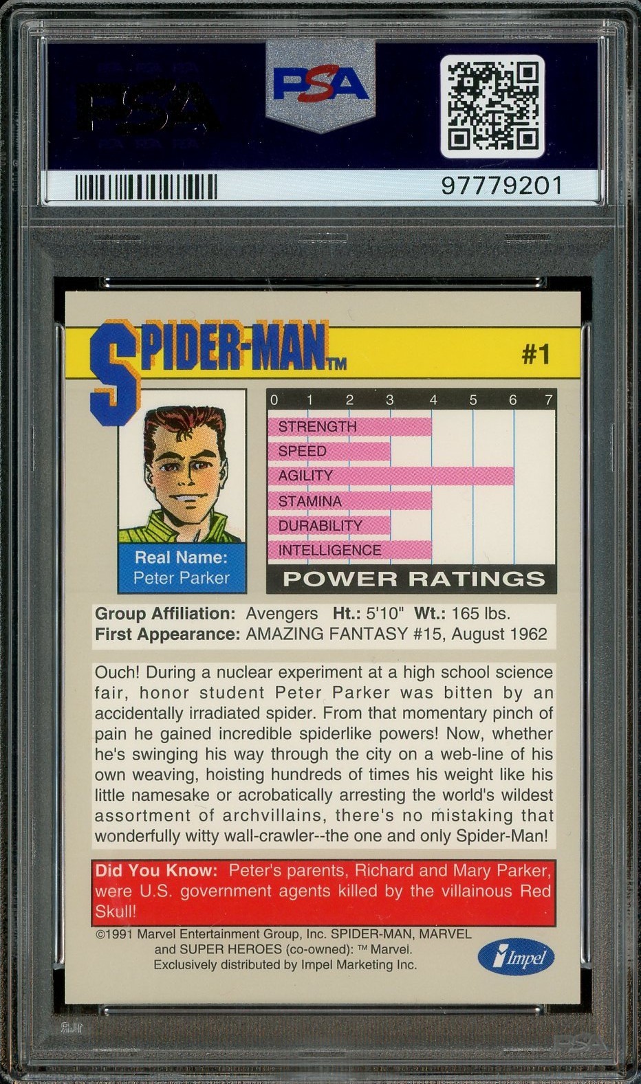 1991 Marvel Universe #1 Spider-Man PSA 10 GEM MINT view 2