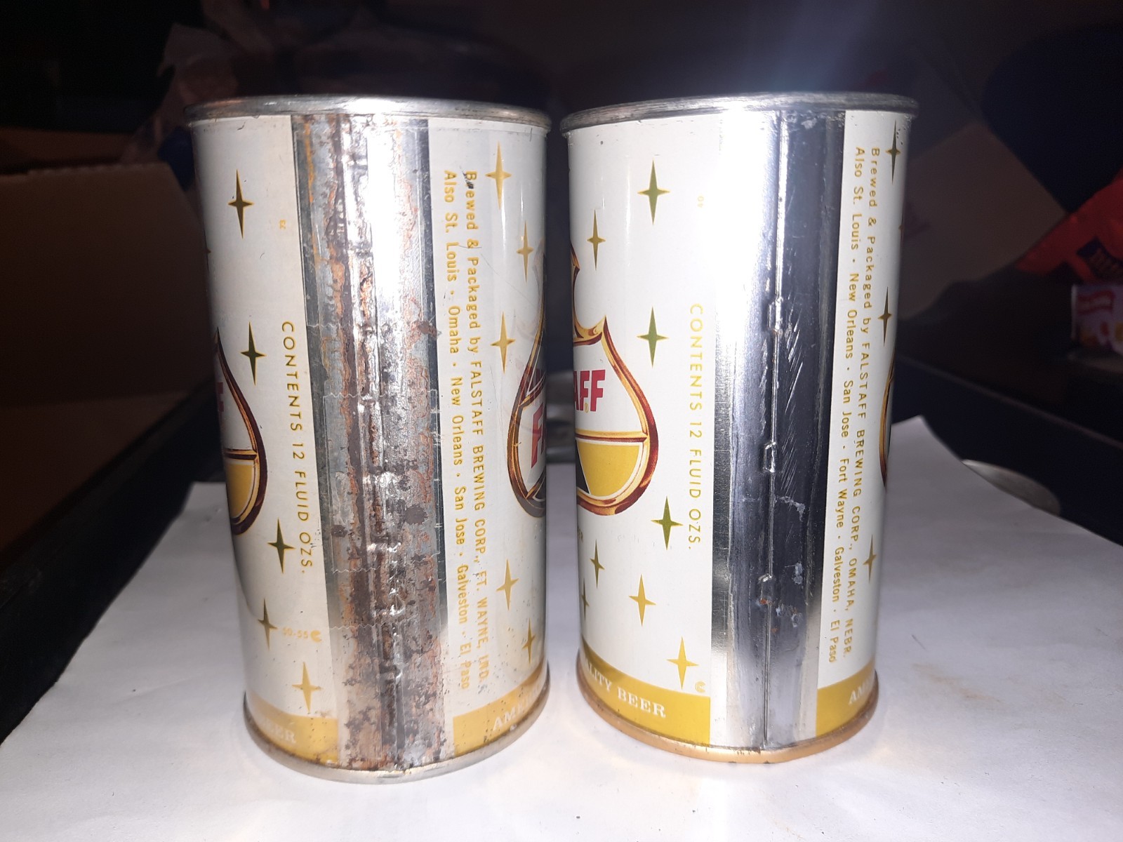 2 FALSTAFF BEER 2 BREWRIES EMPTY OPENED 12 OZ FLAT TOP STRAIGHT STEEL BEER CANS