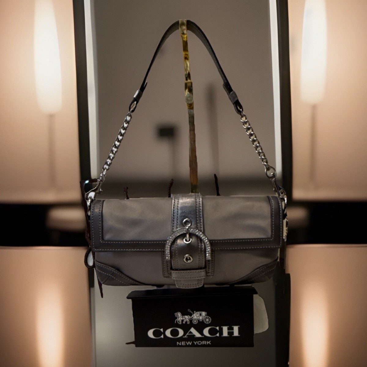 Coach Madison Silver Grey Satin Demi Flap Swarovski Crystal Buckle