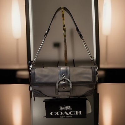 Coach Madison Silver Grey Satin Demi Flap Swarovski Crystal Buckle