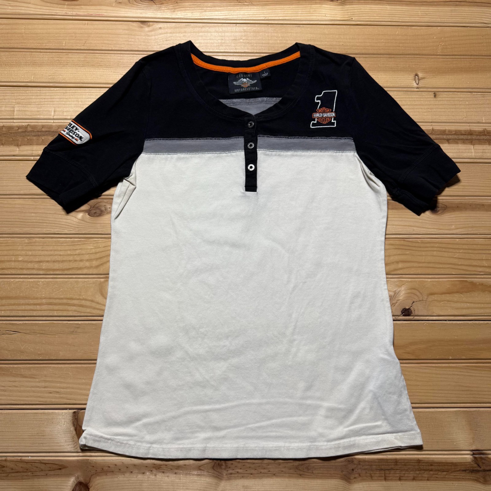 Vintage Y2K Harley-Davidson #1 Embroidered Colorblock Biker Henley Shirt - Small