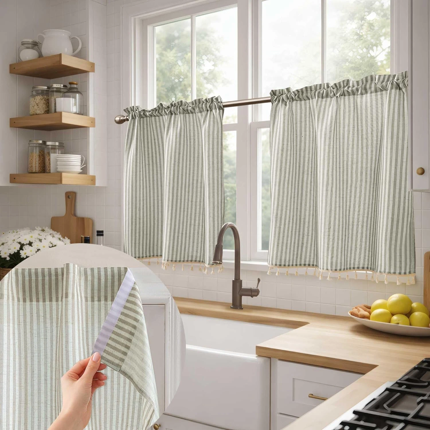 No Drill Linen Kitchen Curtains Farmhouse Modern Cafe Style Striped with Tassels